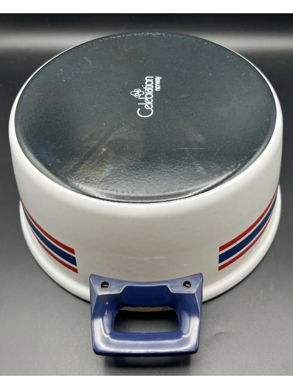 Vintage Cathrineholm Norway Enamel Dutch Oven Blue Red Stripe Club Celebration